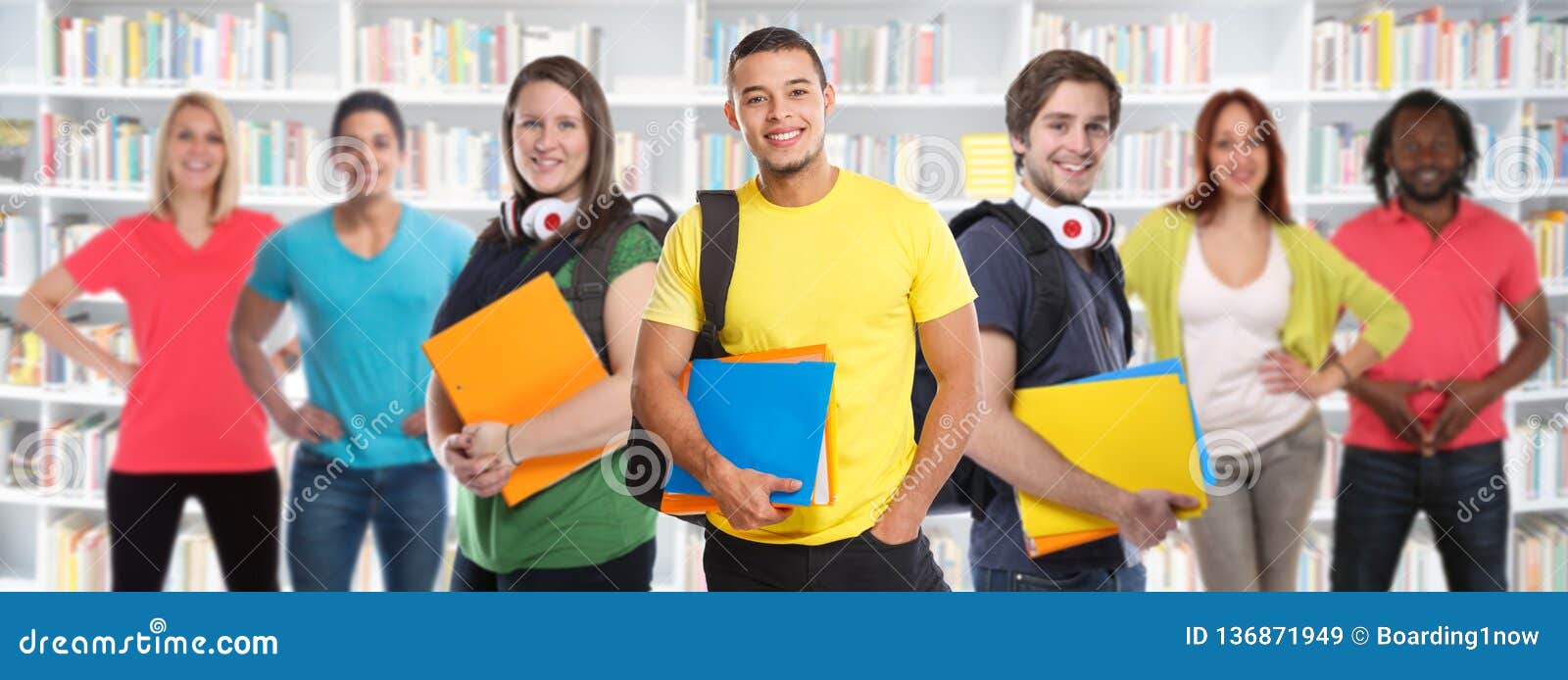 group of students college student young people studies library learning banner education smiling happy