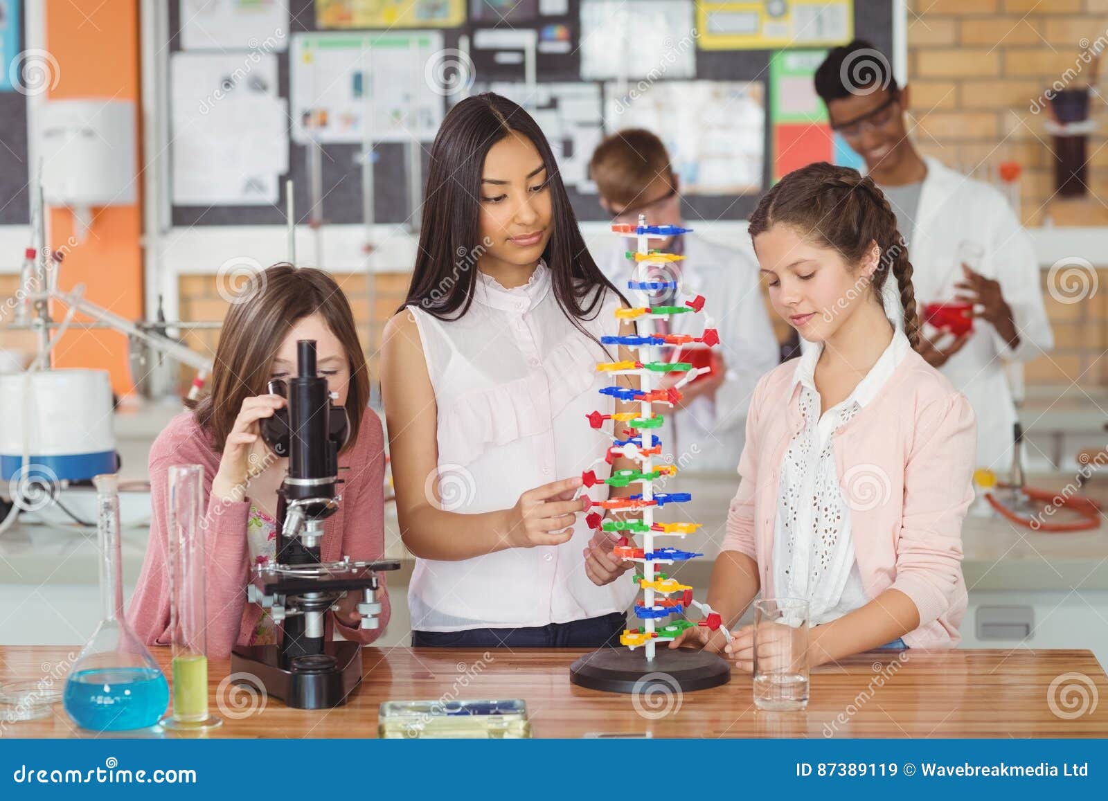 Group of Students Experimenting Molecule Model in Laboratory Stock