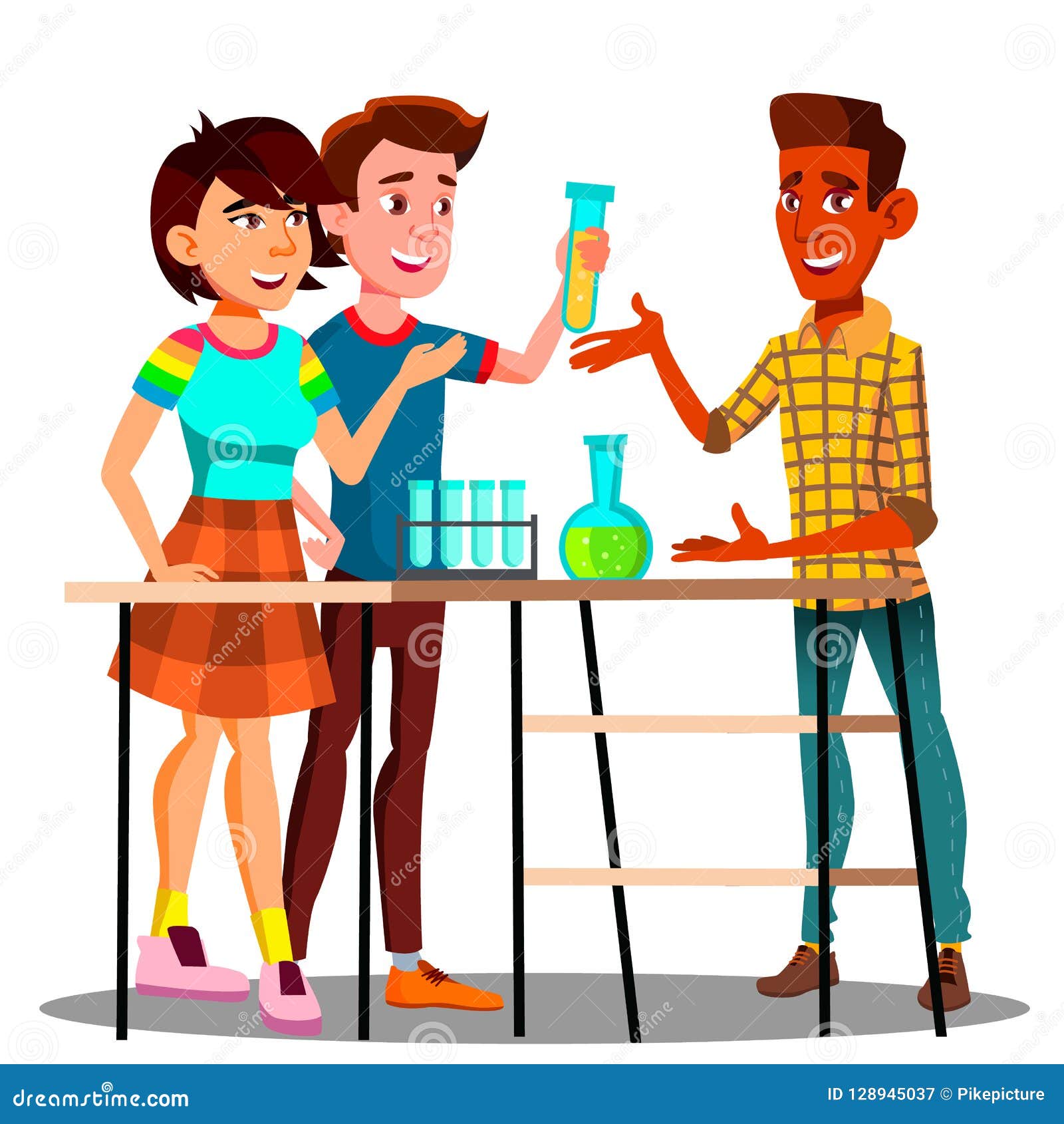 Group of Students Standing at Table with Flasks, Chemistry Lesson