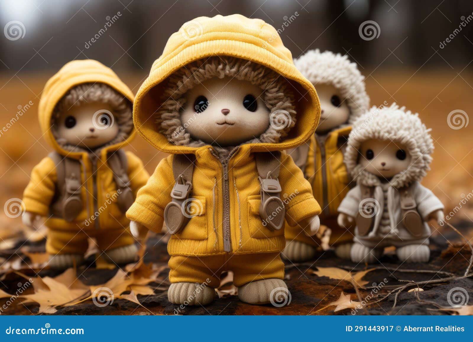 A Group of Stuffed Animals Dressed in Yellow Coats Stock Illustration