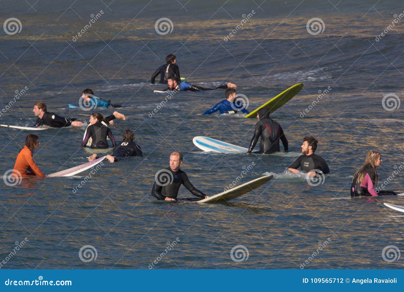 A Group of Surfers Wait for the Wave Editorial Photography Image of