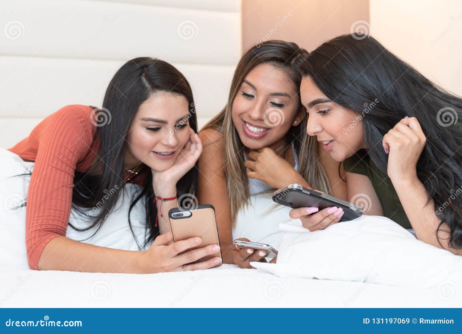 Group of Teen Friends in Bedroom Stock Image - Image of cell, smile ...