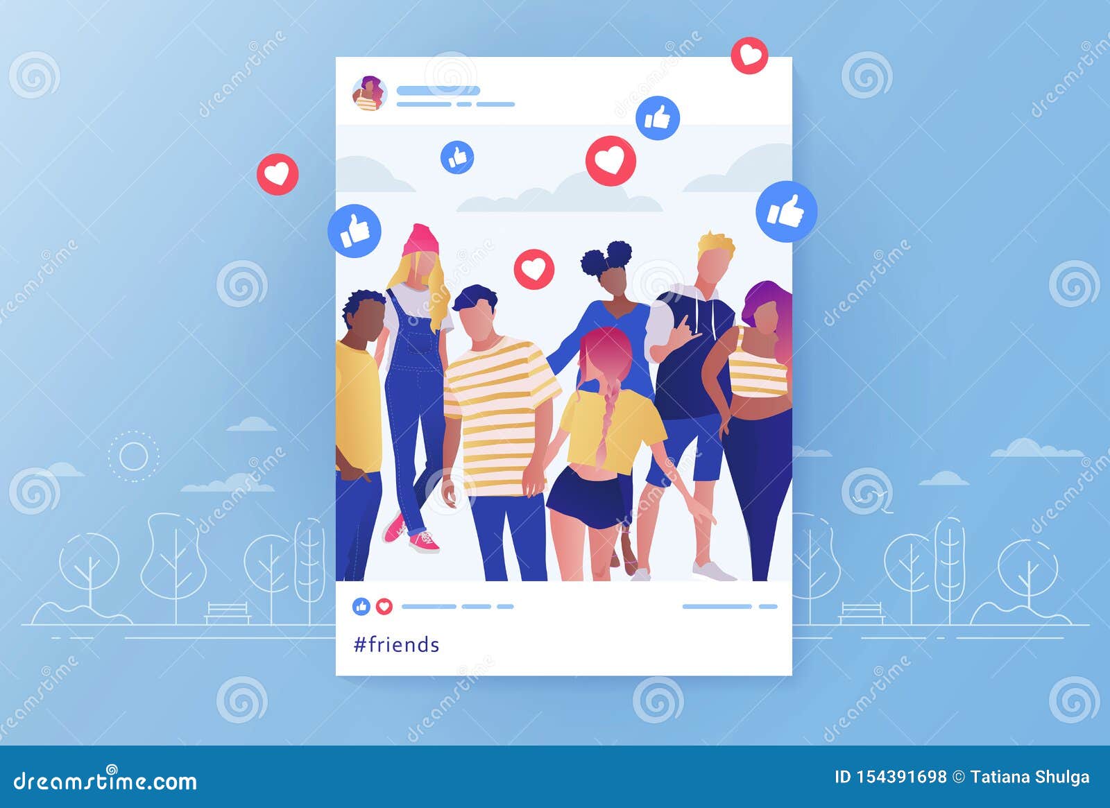 friends group photo posted in social media and comments and likes for that post. flat cartoon  