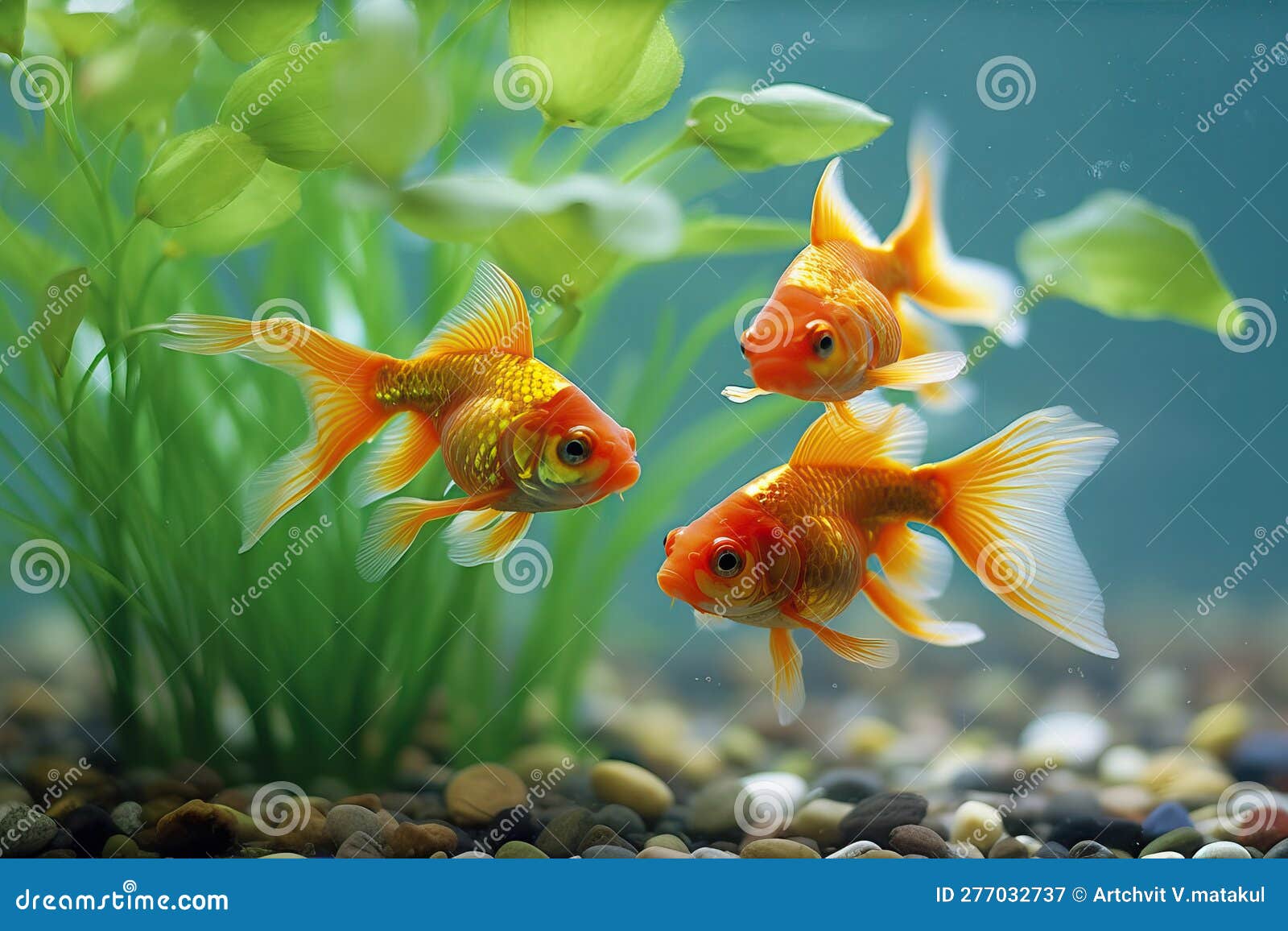 Three Goldfish in Aquarium Facing Forward Stock Illustration