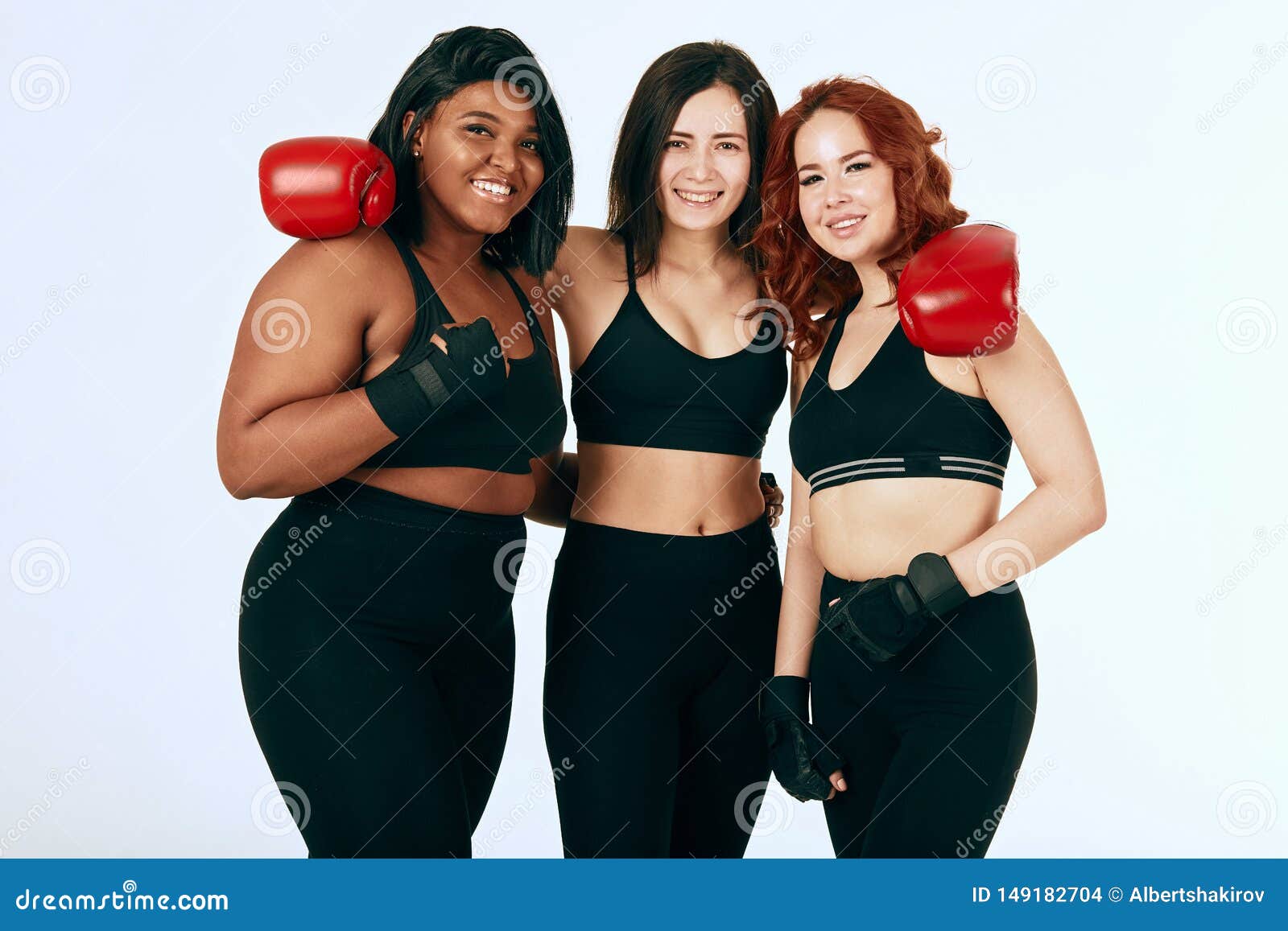 Three Multiracial Diverse Woman in Black Sportswear Posing in Boxing Gloves  Stock Photo - Image of african, background: 149182704