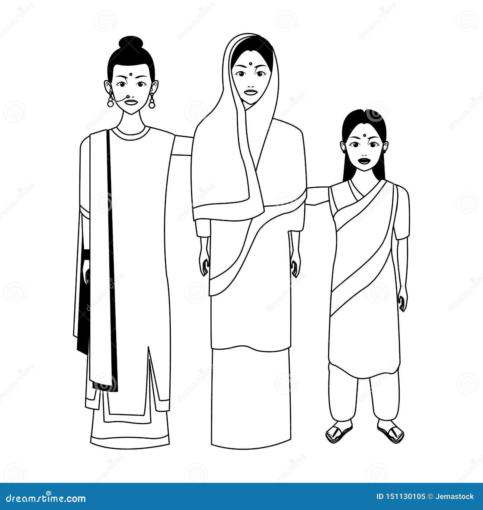 indian family avatar cartoon character in black and white