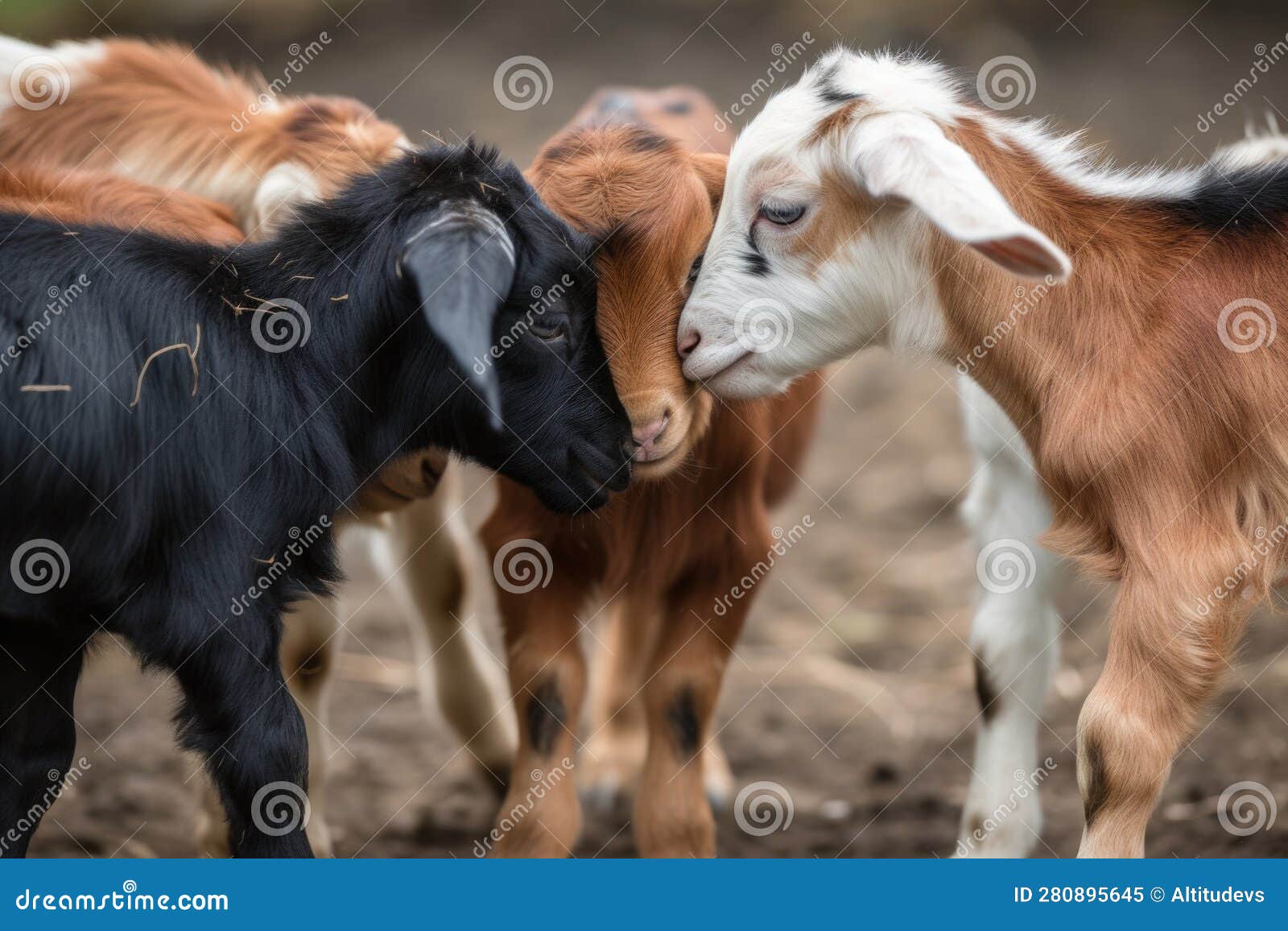 Group of Tiny Goats Interlocking Horns and Playfully Headbutting Each