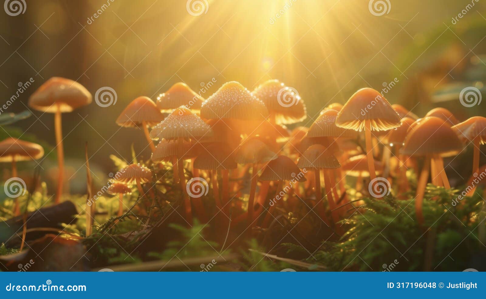 a group of tiny mushrooms their caps aglow with sunlight and creating a scene reminiscent of a fairytale