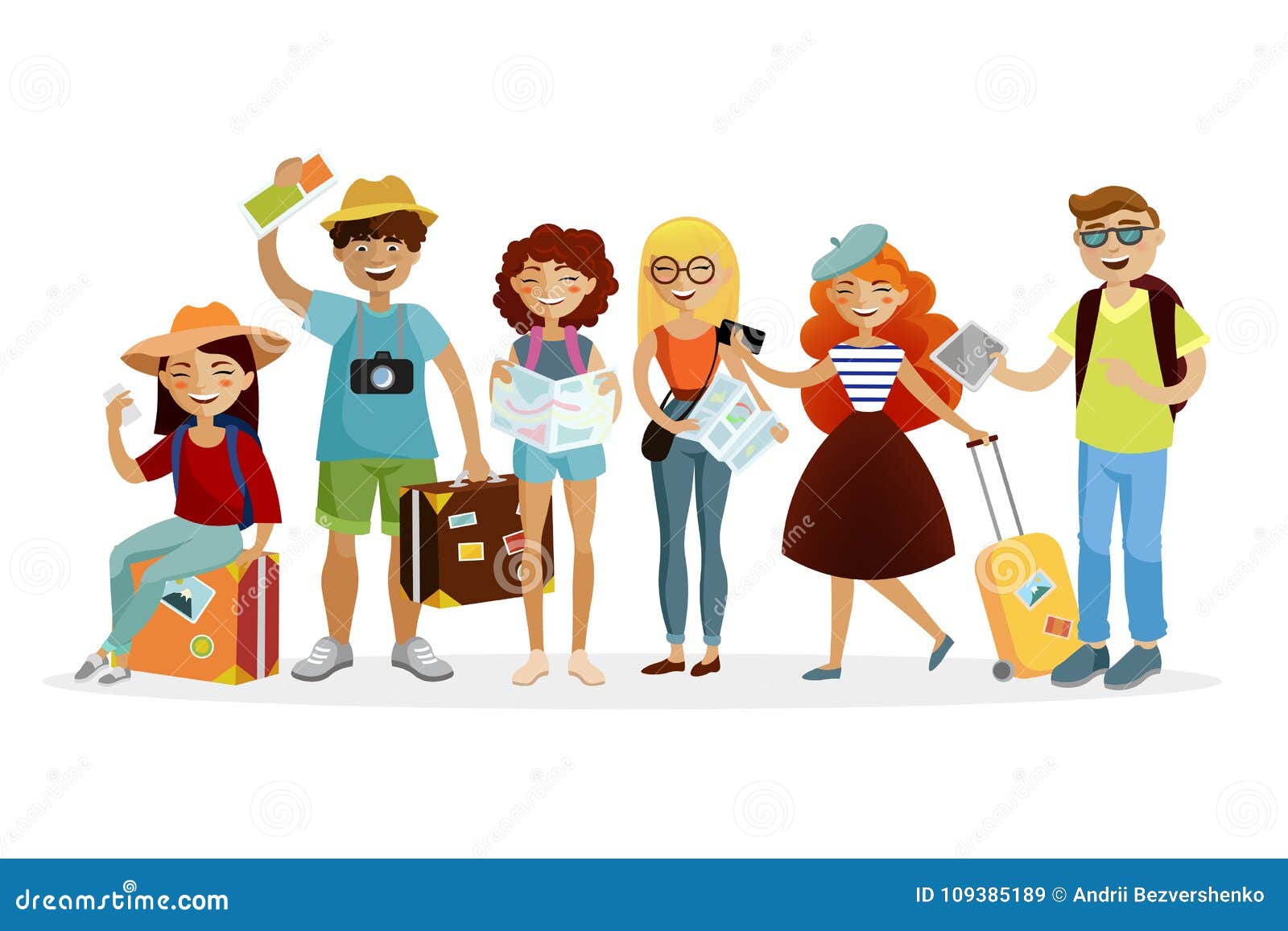 group of tourists cartoon characters flat . young funny people with suitcases are traveling together.