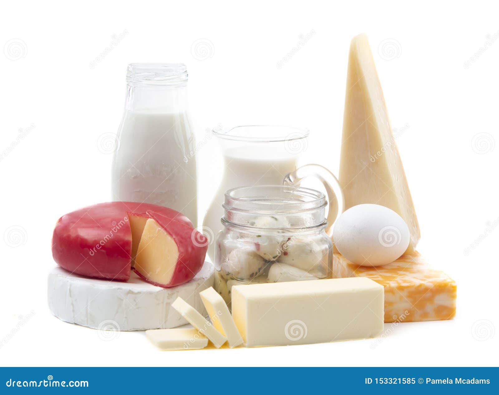 Group of Various Dairy Foods Isolated on a White Background Stock Image