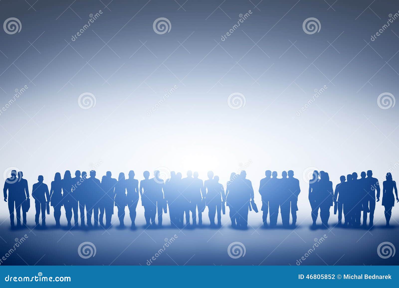 group of various people looking towards light, future.
