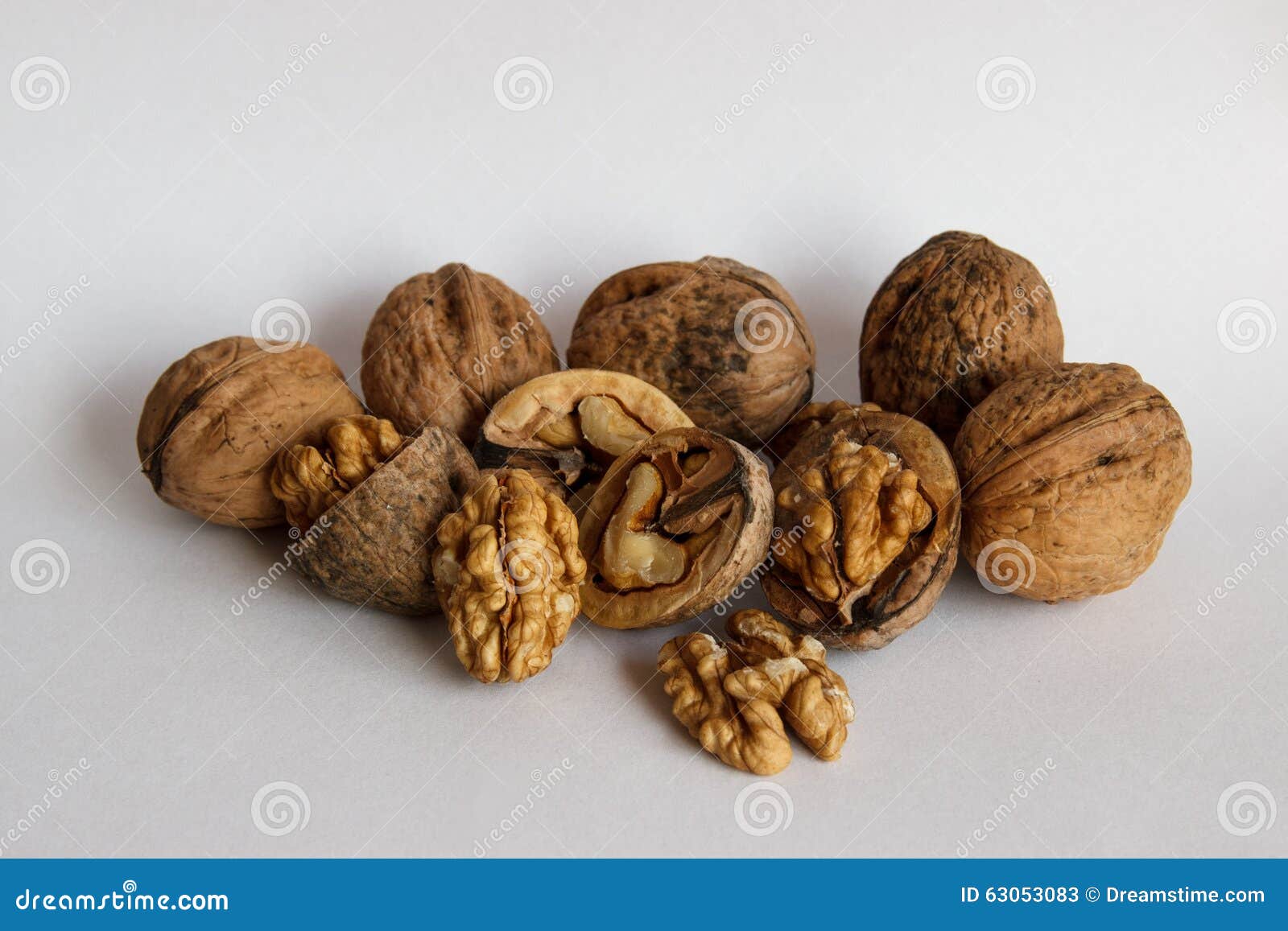 Group of Walnuts Isolated on White Full, Splitted, Heart, Brain Stock