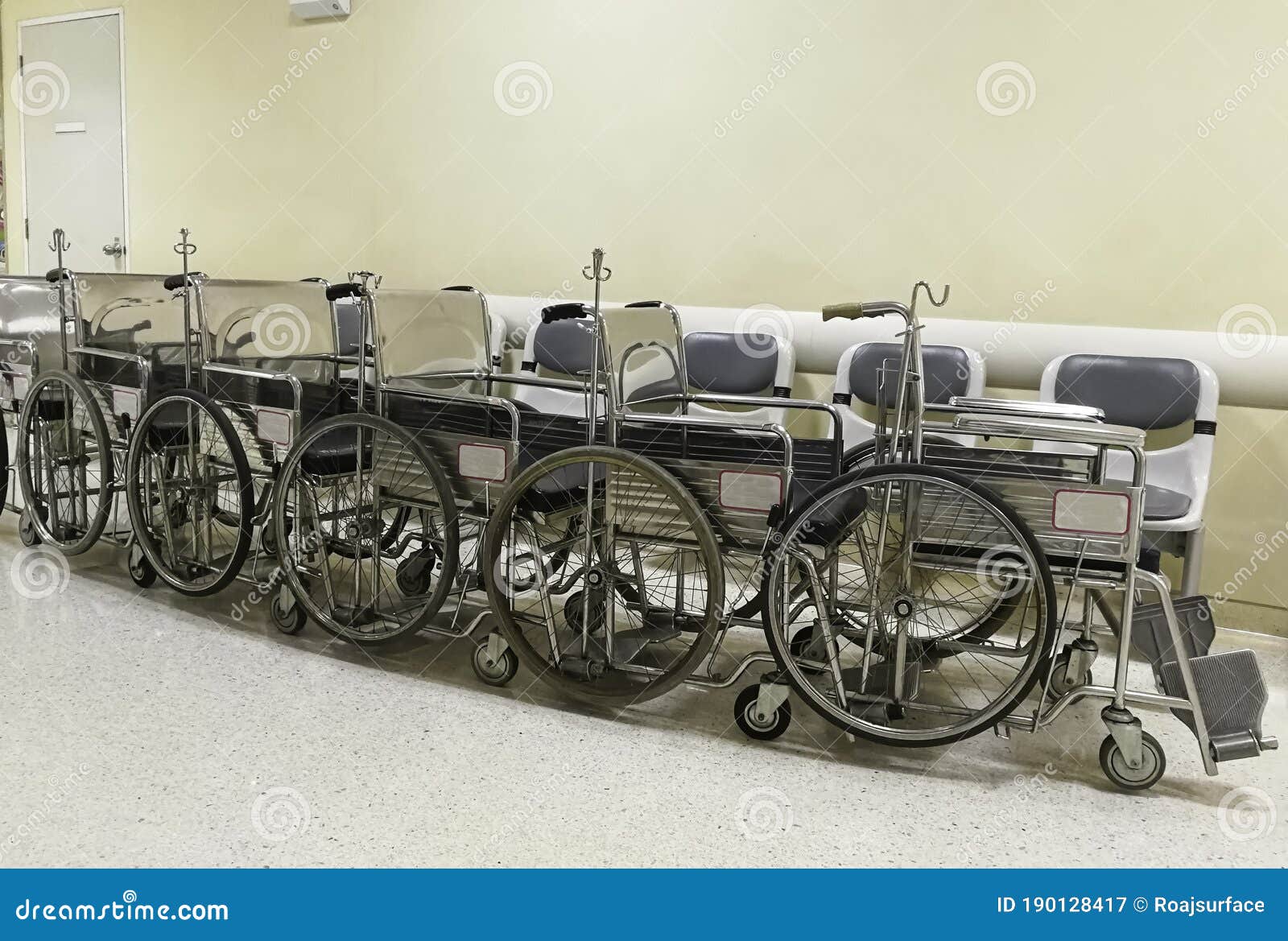 Group of Metal Steel Wheelchairs in the Hospital , Disable Vehicle