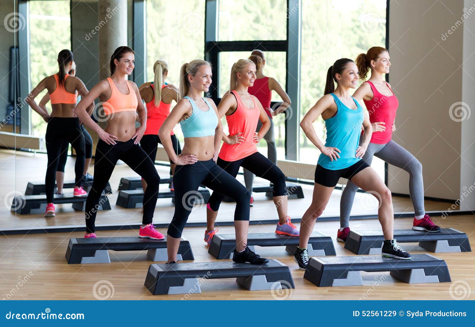 Group of Women Working Out with Steppers in Gym Stock Image Image of fitness group 52561229