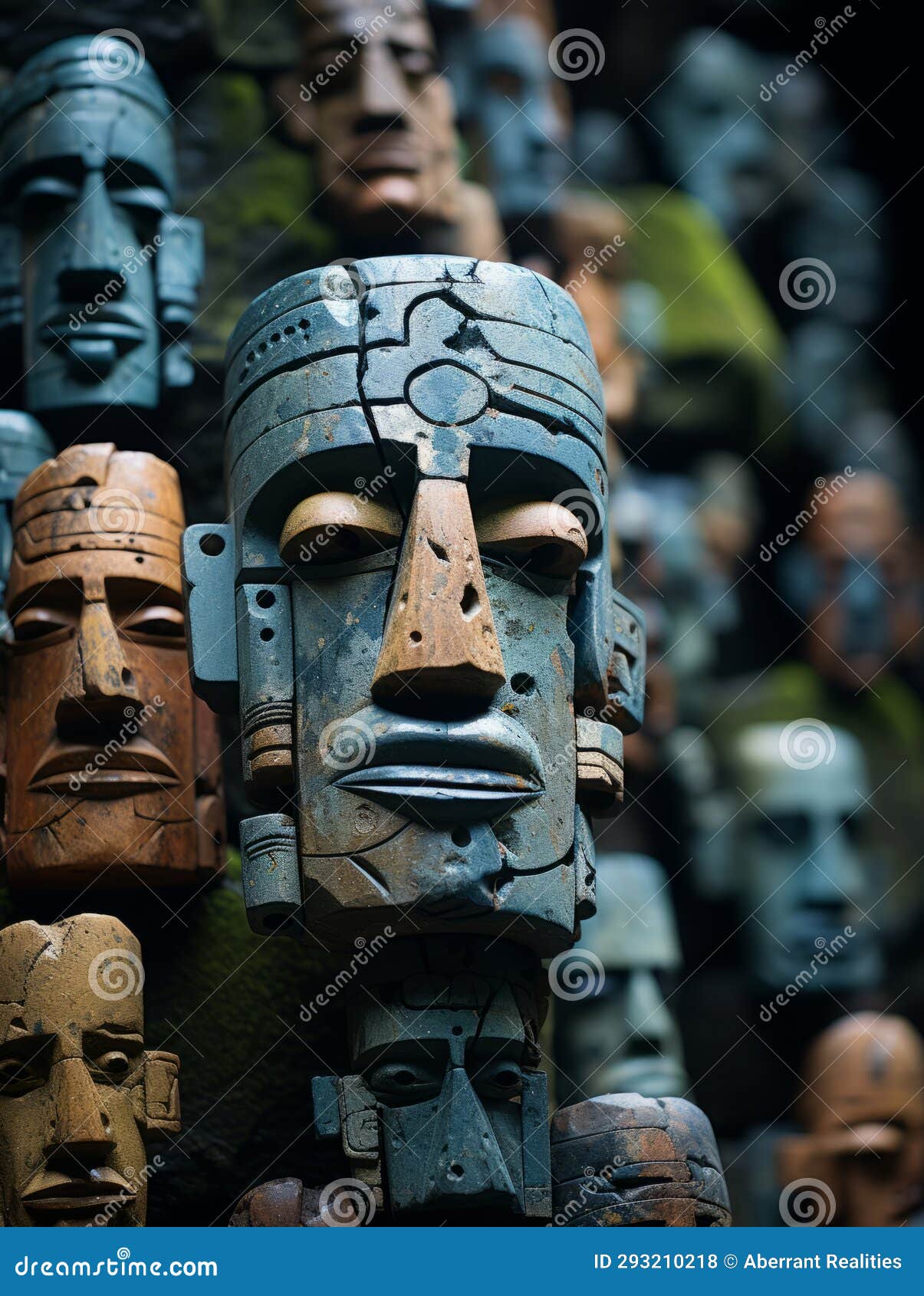 A Group of Wooden Masks with Faces on Them Stock Illustration ...