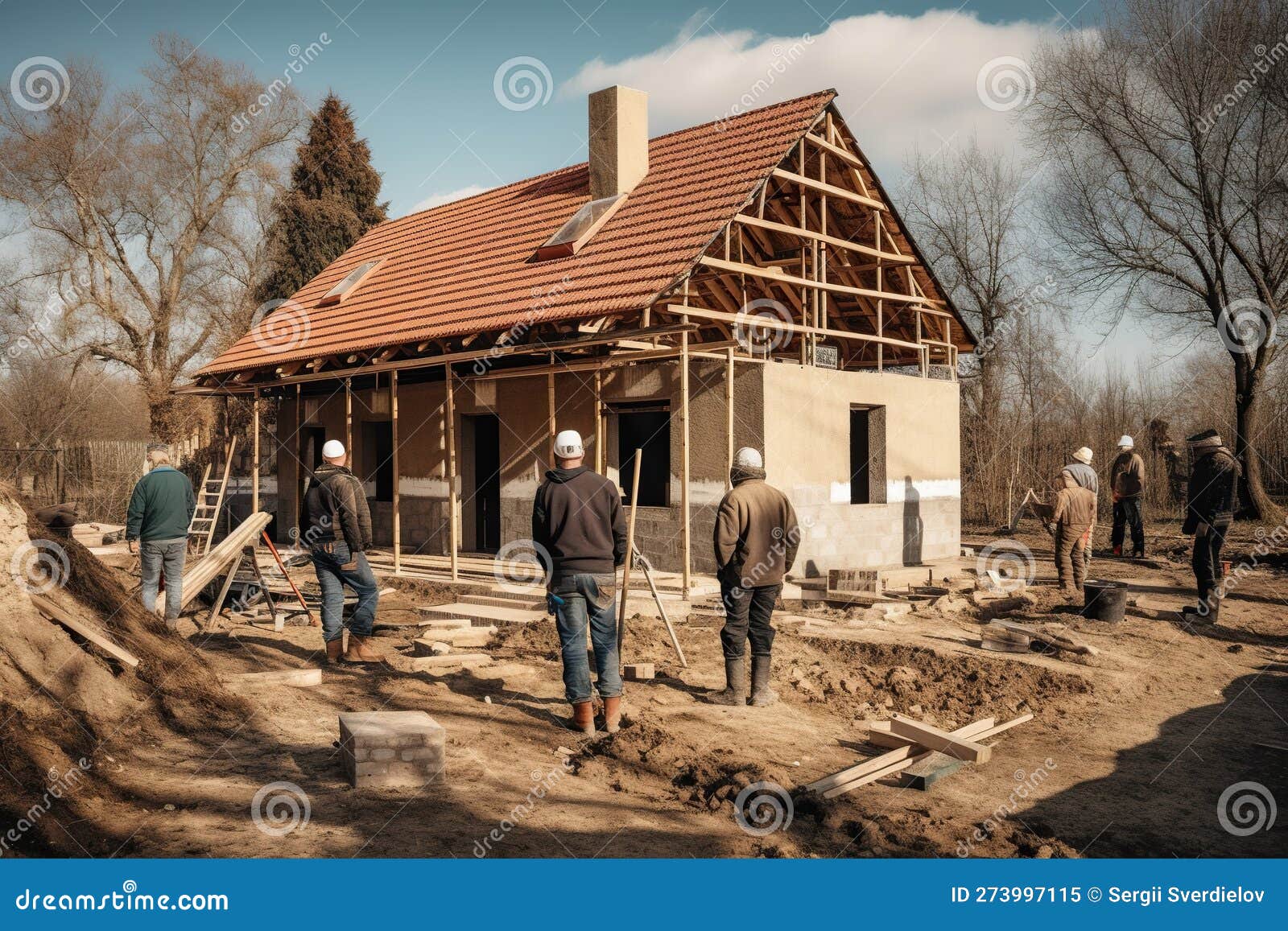 Group of Workers Building a Modern Cottage, Showcasing the Construction