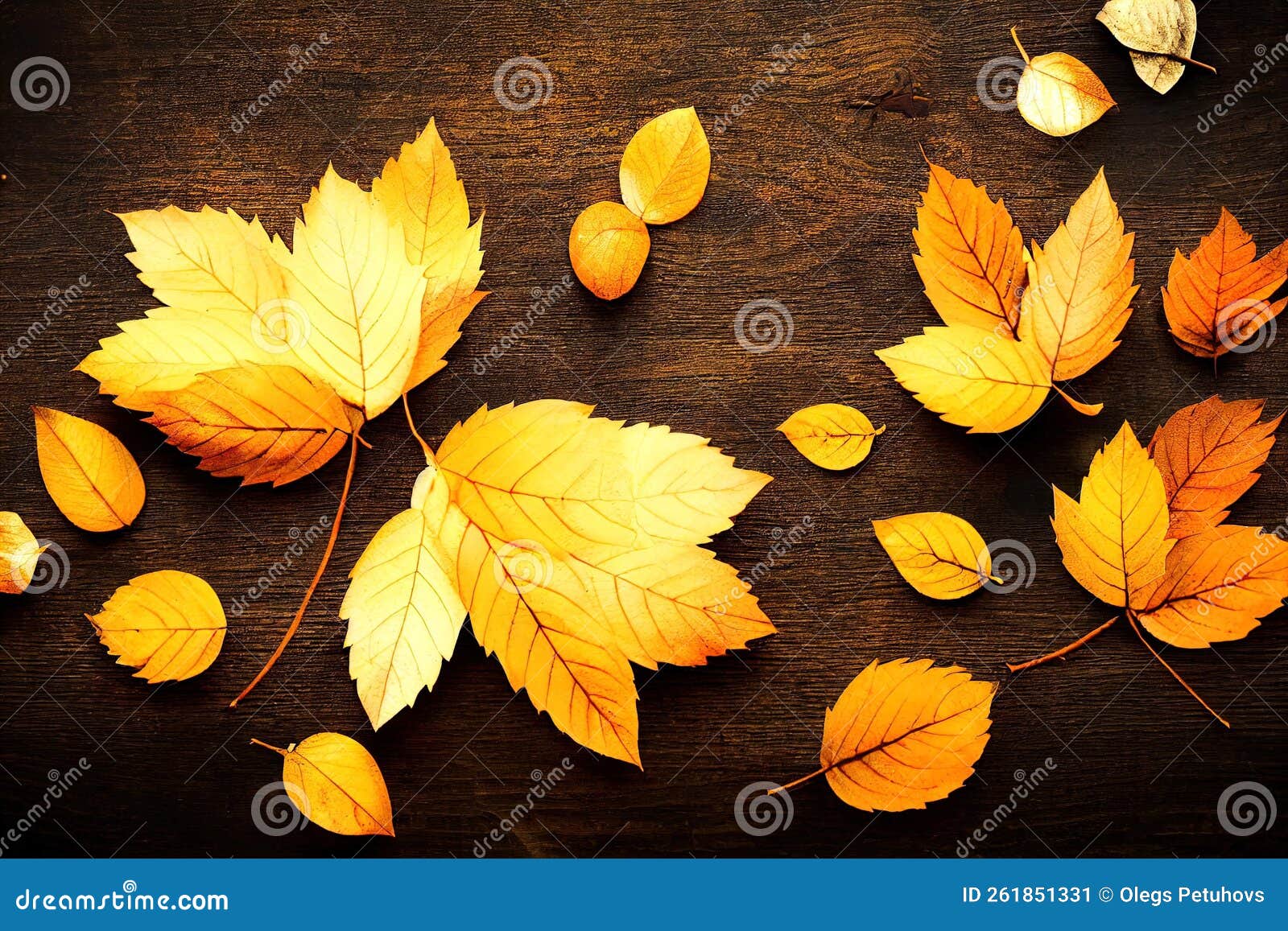 A Group of Yellow Leaves on a Wooden Table with a Few Leaves on it and