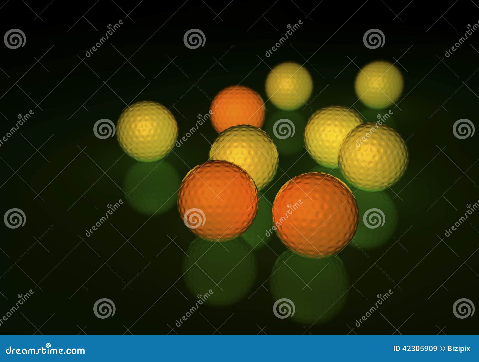 Group of Yellow and Orange Golf Balls, Glowing on a Reflecting Surface