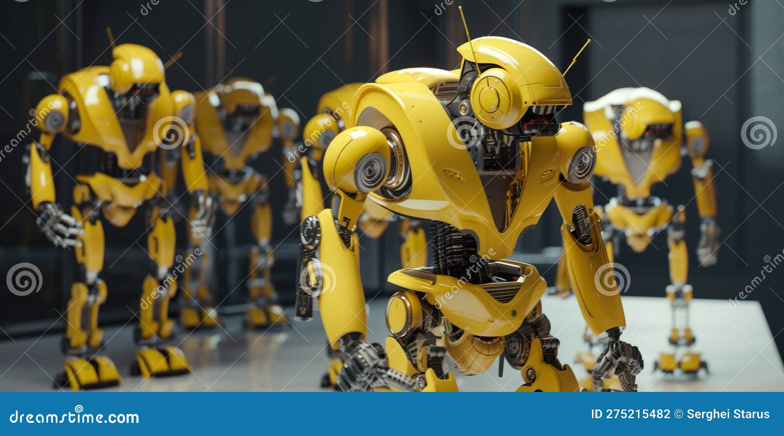 A Group of Yellow Robots Standing Next To Each Other. AI Generative