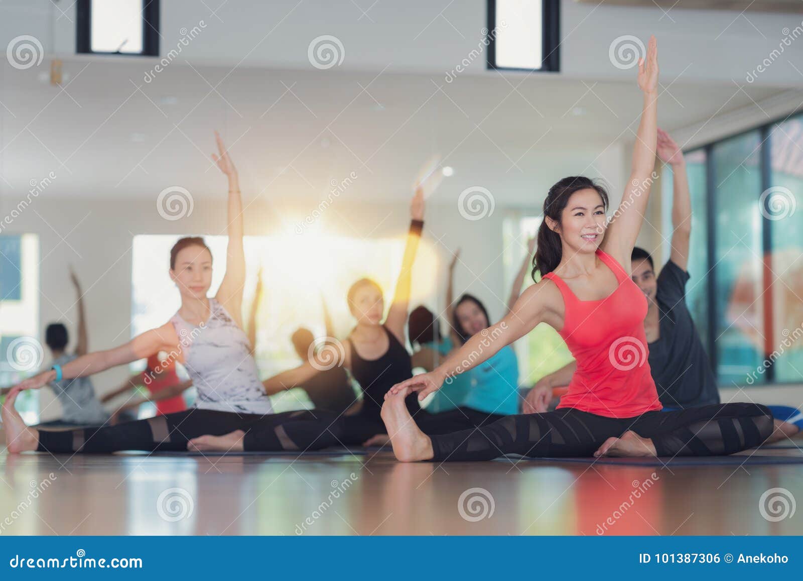 group of yoga exercise and class in fitness center