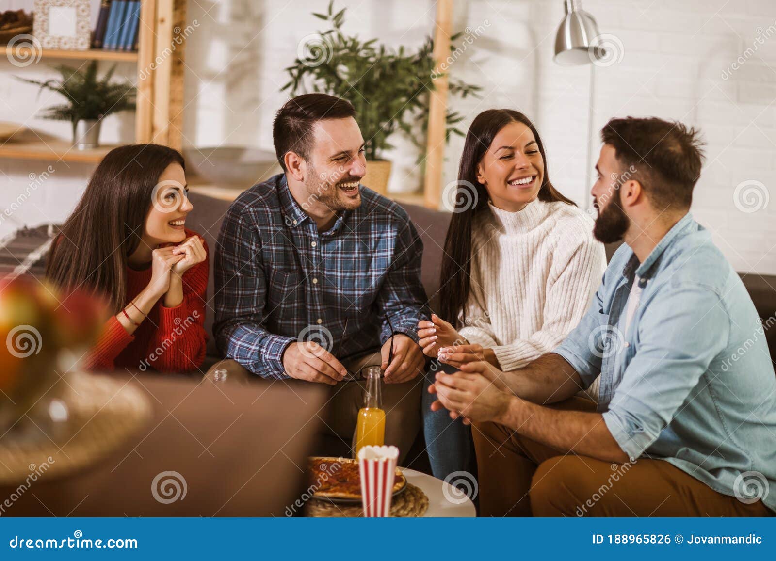 Friends Have Pizza Party at Home, Fun Leisure Stock Image - Image of slice,  friendship: 91951315