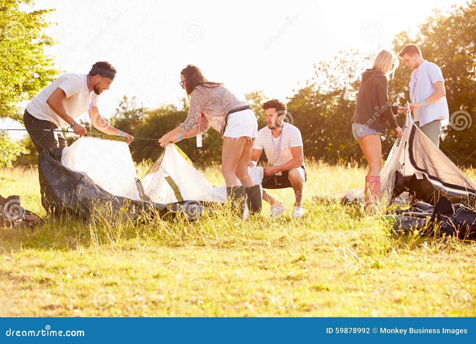 Group of Young Friends Pitching Tents on Camping Holiday Stock Photo