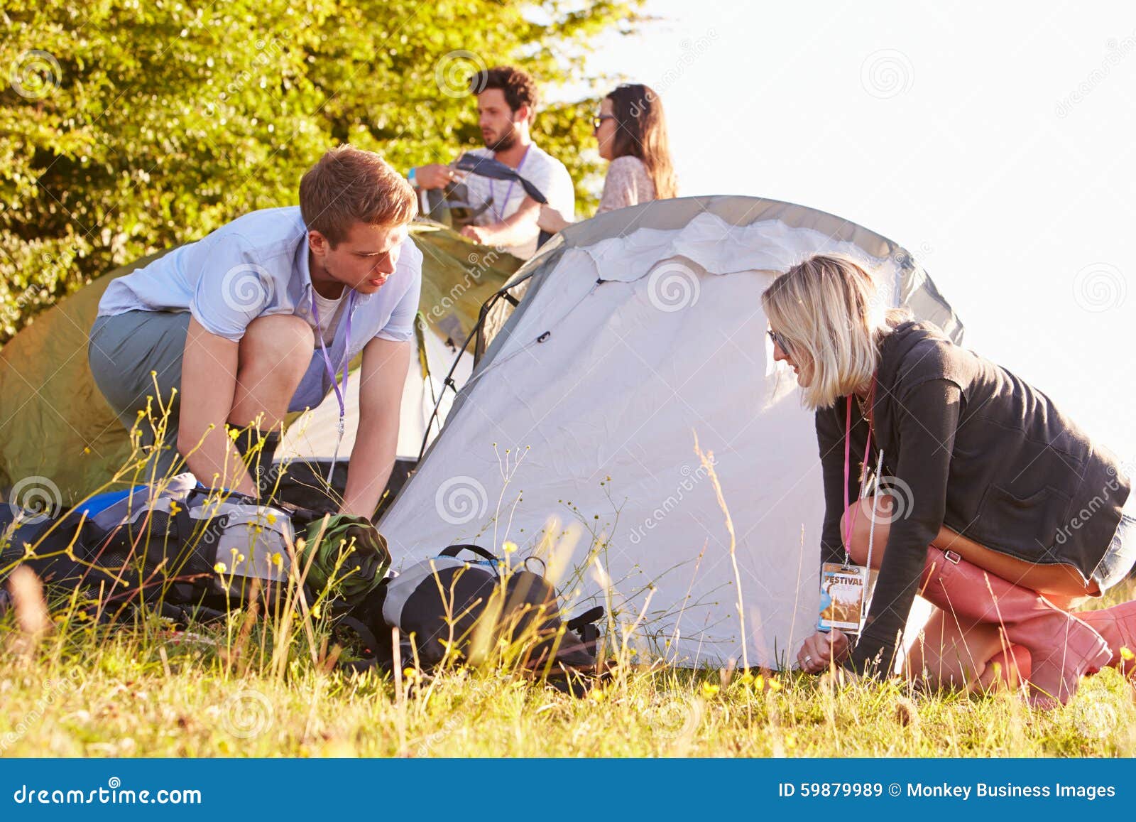 Group of Young Friends Pitching Tents on Camping Holiday Stock Image
