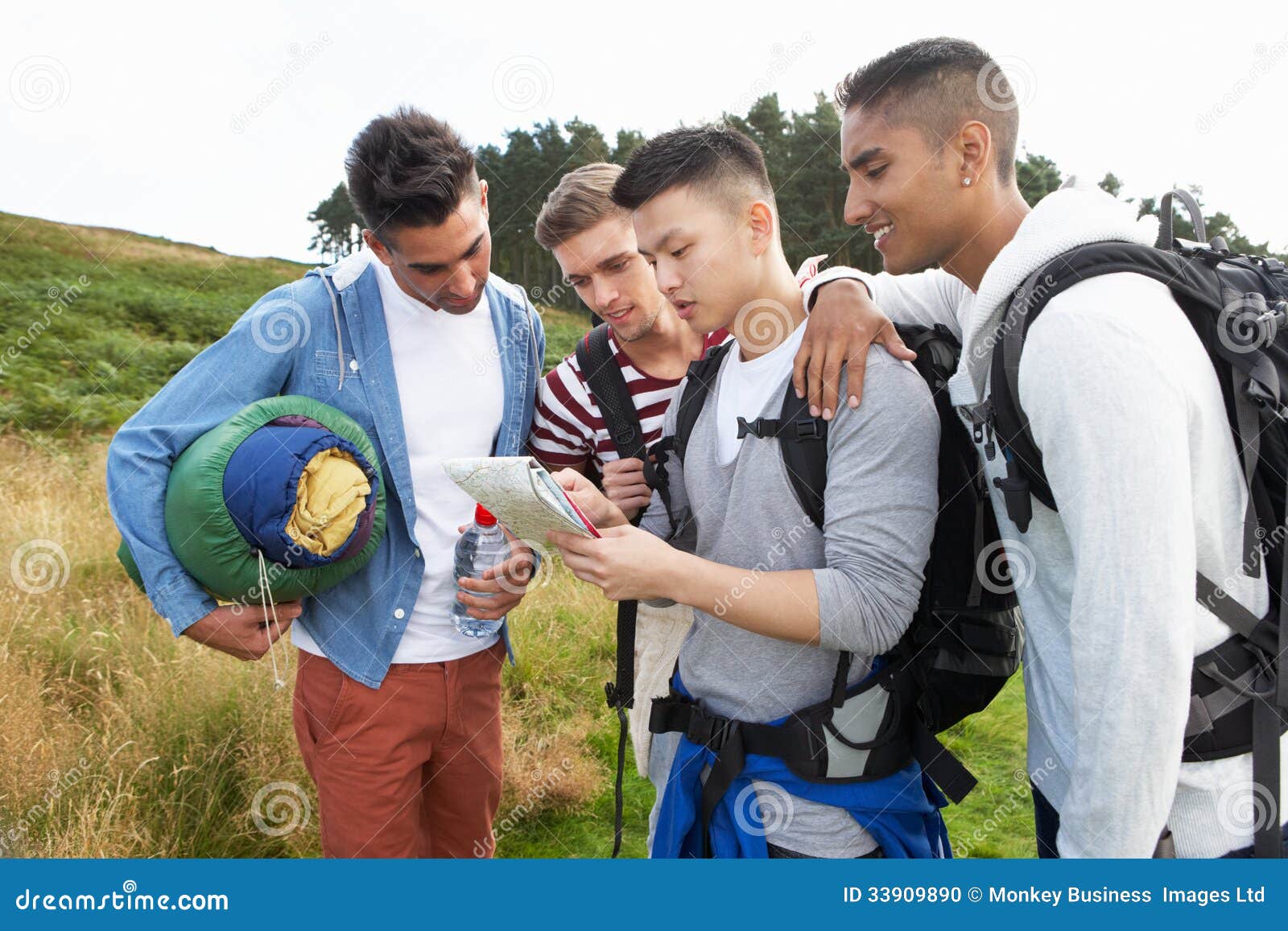Group of Young Men on Camping Trip in Countryside Stock Photo Image