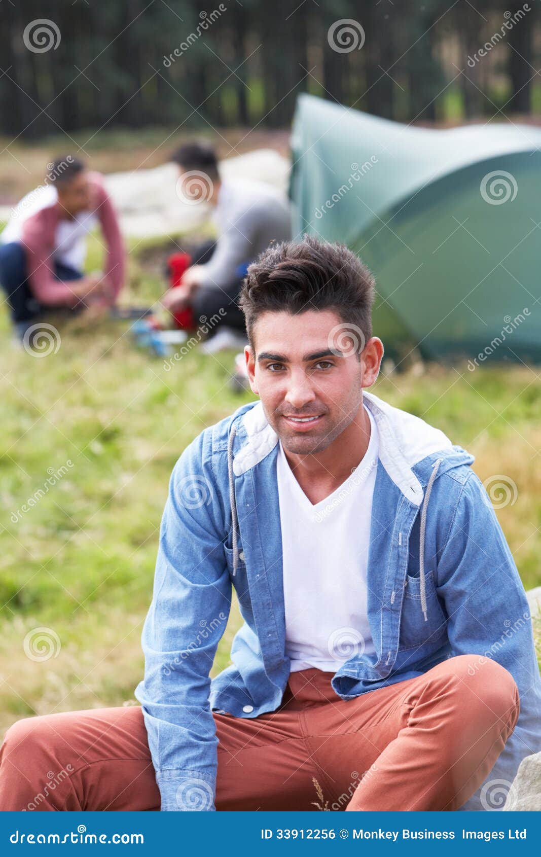 Group of Young Men on Camping Trip in Countryside Stock Photo Image