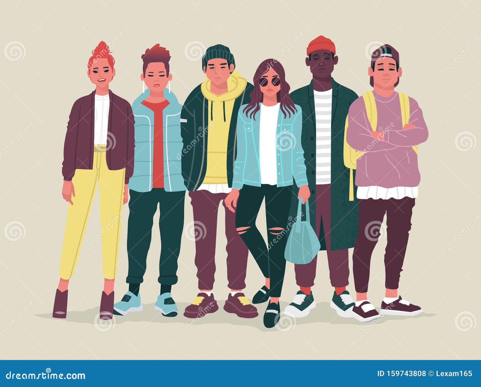 group of young people dressed in trendy street style clothes. girls and boys in fashionable outfits