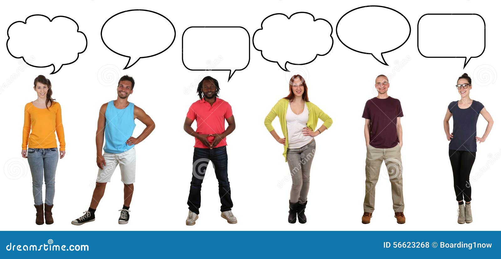 group of young people saying opinion with speech bubble and copy