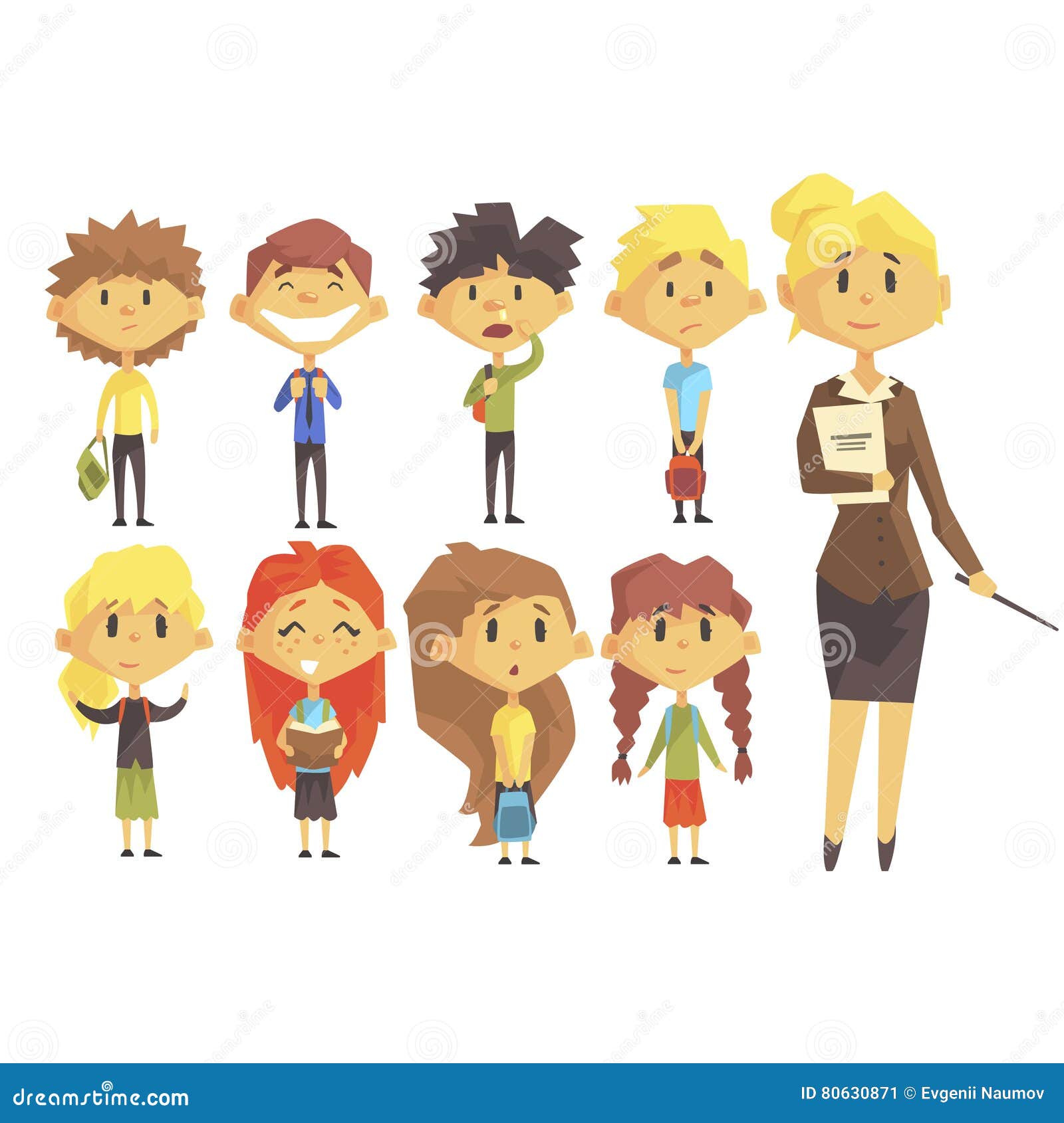 Groupe D Ecole Primaire D Ecoliers Avec Leur Professeur Feminin In Suit Set Des Personnages De Dessin Anime Illustration De Vecteur Illustration Du Caractere Colore