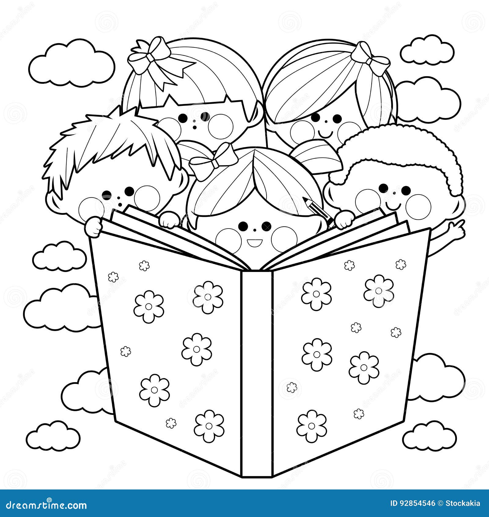 Groupe d enfants lisant une page de livre de coloriage de livre Libre de droits