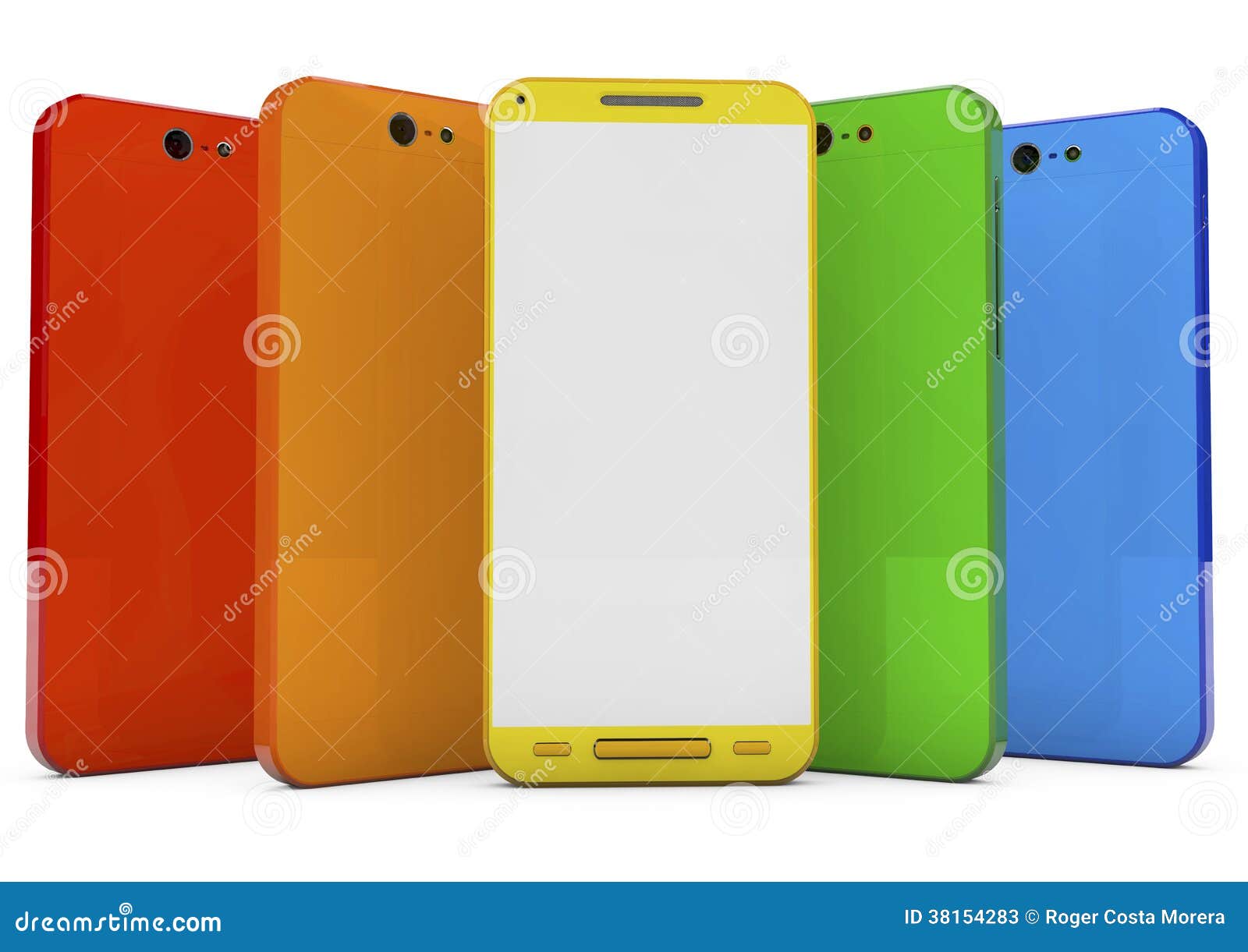 Groupe de smartphones d'écran tactile avec l'interface colorée et l'écran vide, image 3d.