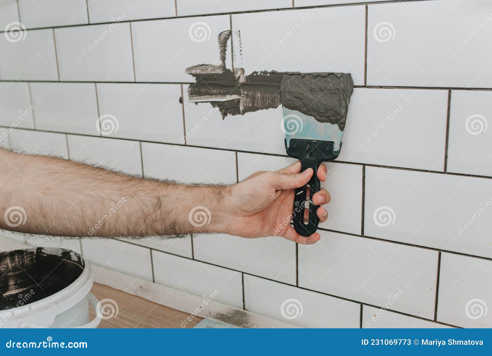 Grouting Tiles in the Kitchen. Repair Stock Image Image of house