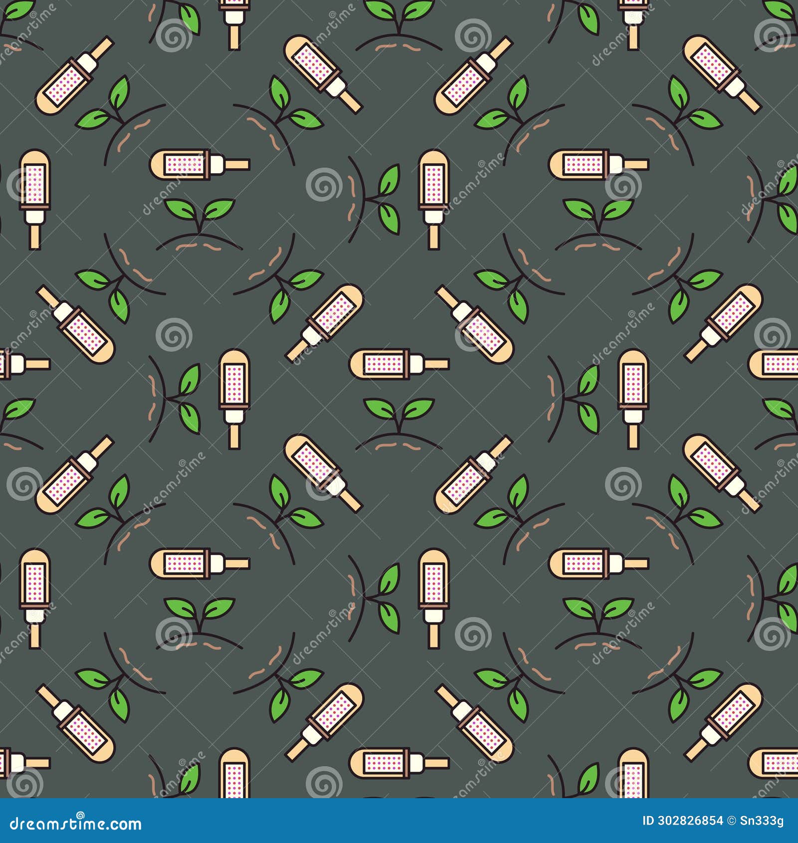 Grow Light Led Bulb Vector Colored Seamless Pattern Stock Illustration