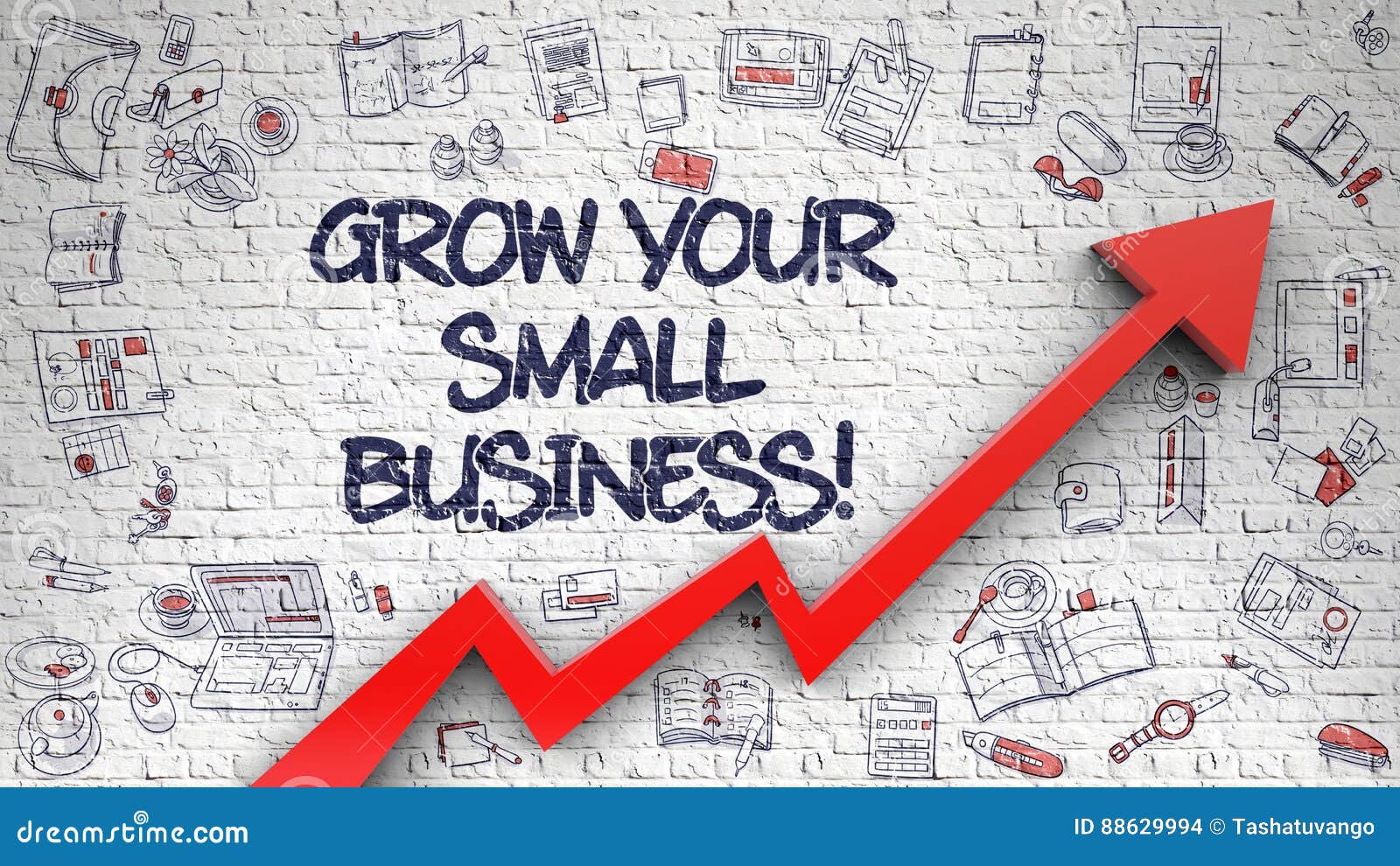 grow your small business drawn on white brick wall. 3d.