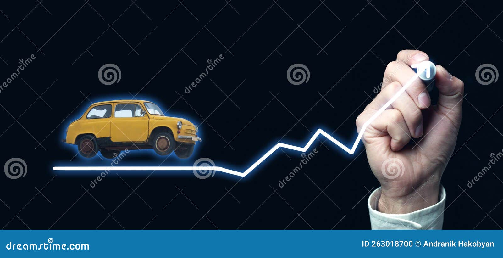Growing Arrow with a Car Model. Rising Car Sales or Cost Stock