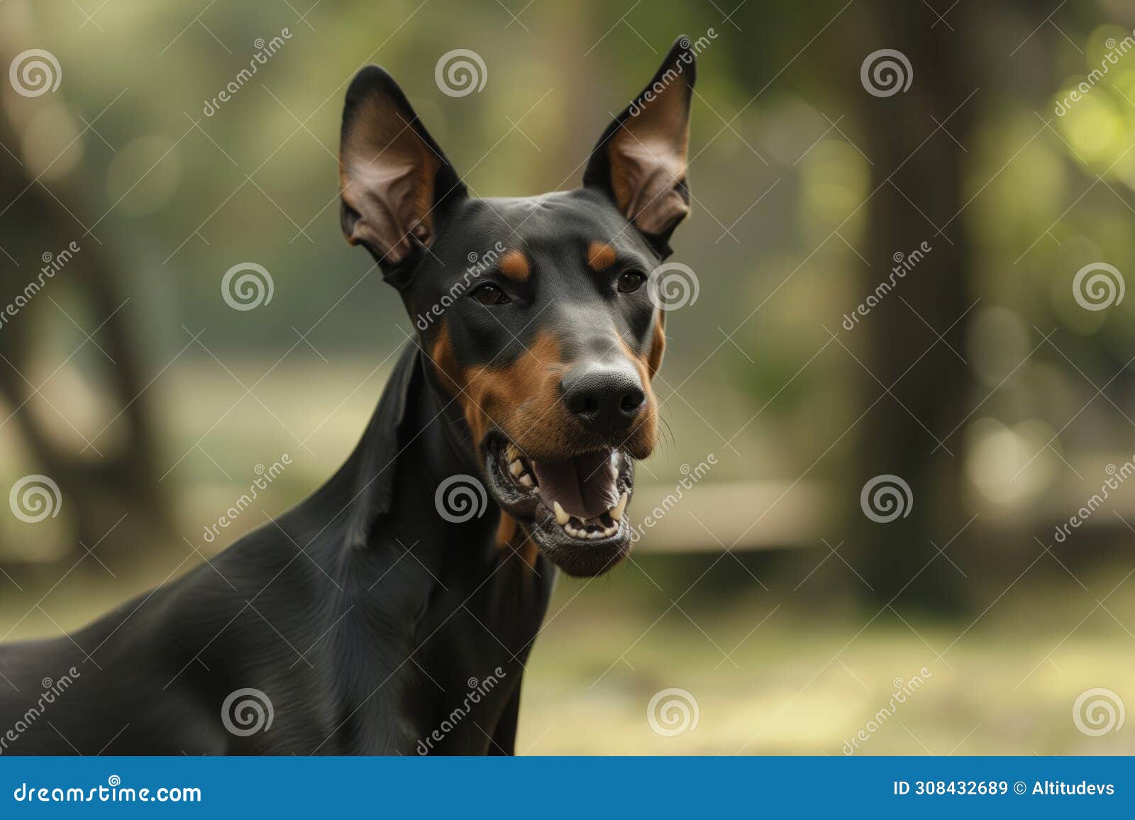 growling doberman pinscher, ears erect, standing stiffly