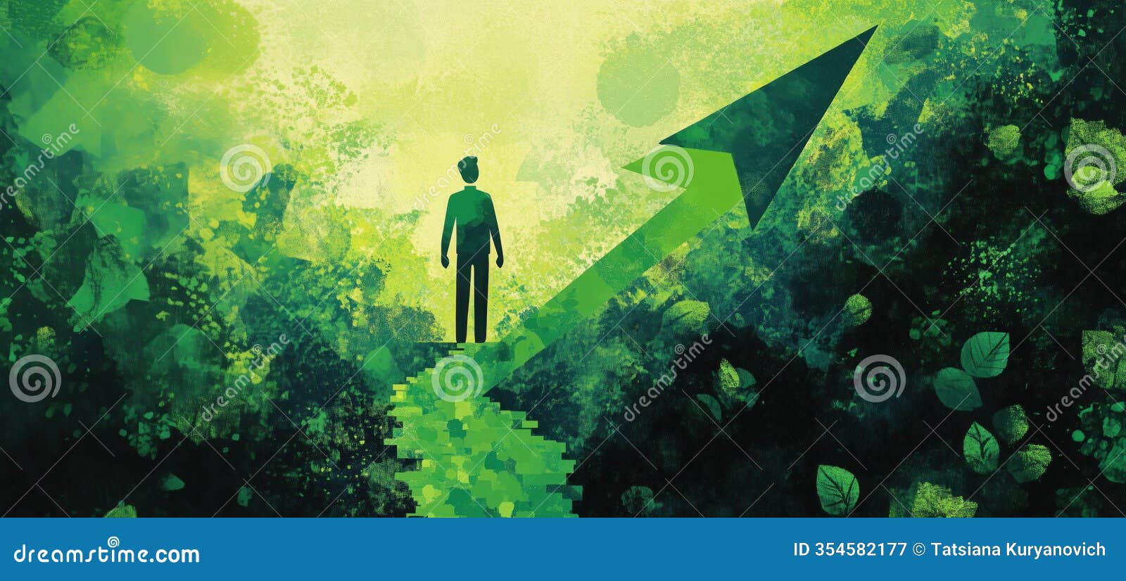 growth journey ized by silhouette standing on path with green arrow pointing upward amidst lush nature, copy space