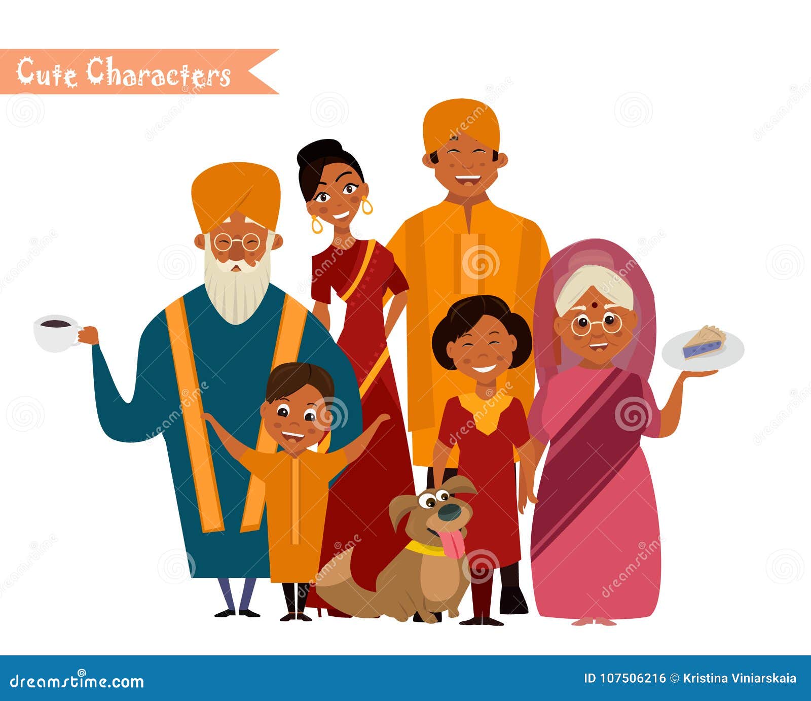 Große glückliche indische Familie in der Nationalkostümvektorillustration Eltern, Großeltern und Kinderzeichentrickfilm-figuren Familiengenerationen, die zusammen, ältere Paare mit Enkelkindern stehen