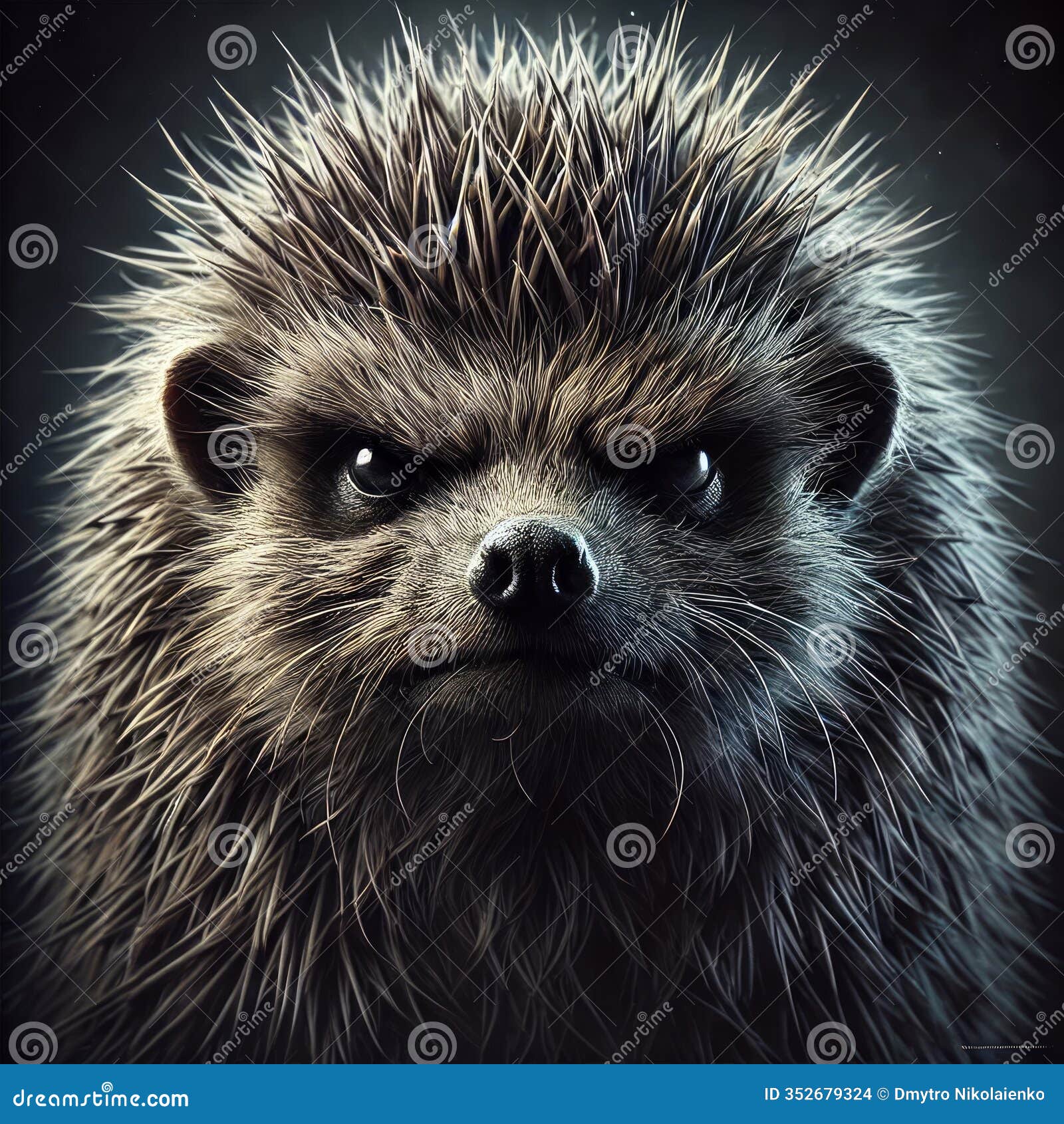 grumpy angry hedgehog portrait: close-up of a spiky creature with a furious expression