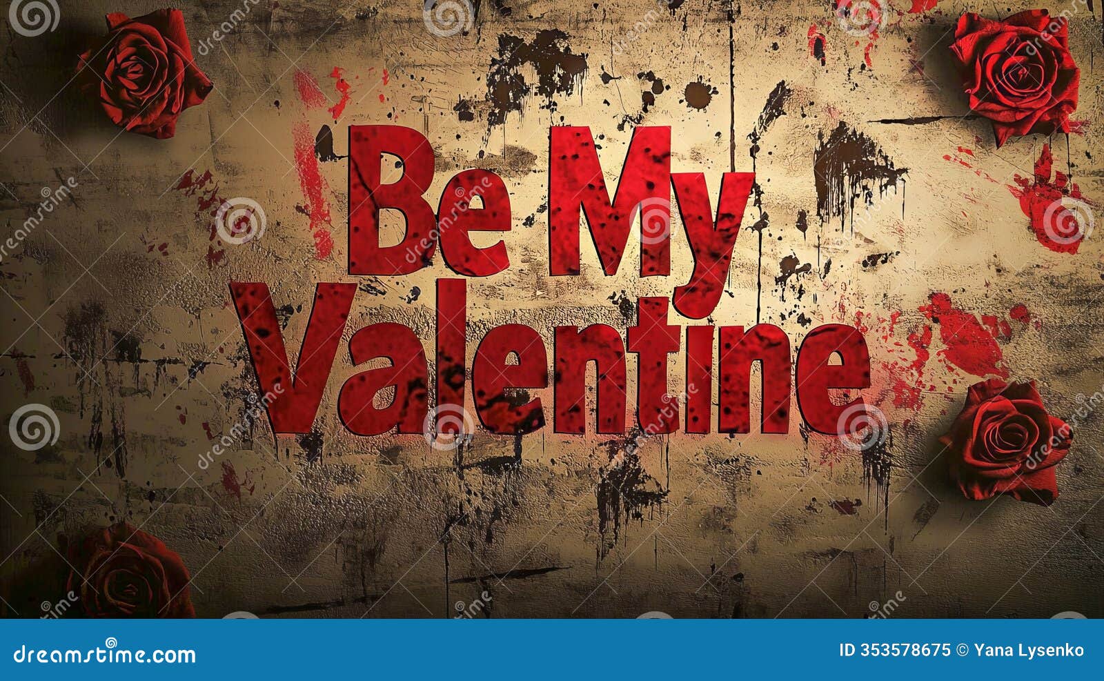 grunge art with bold red text be my valentine and dramatic roses. concept of romance, valentine's day, love