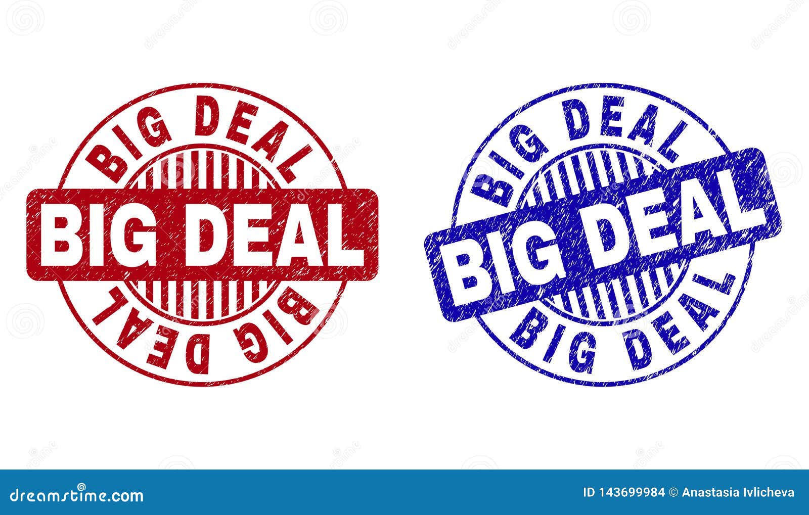 Grunge BIG DEAL Textured Round Watermarks. Grunge BIG DEAL round stamp seals isolated on a white background. Round seals with grunge texture in red and blue colors. Vector rubber overlay of BIG DEAL caption inside circle form with stripes.