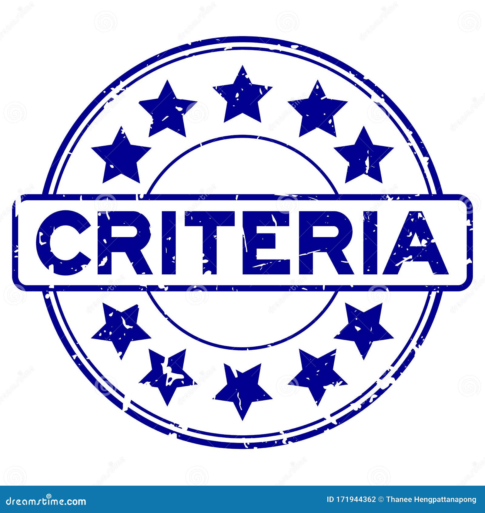 Grunge Blue Criteria Word with Star Icon Round Rubber Stamp on White