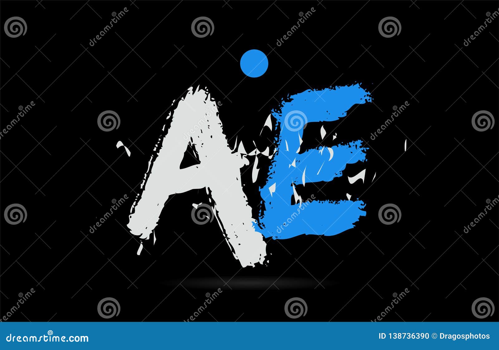 blue white alphabet letter combination AE A E logo design. Grunge blue white alphabet letter combination AE A E on black background suitable as a logo for a company or business