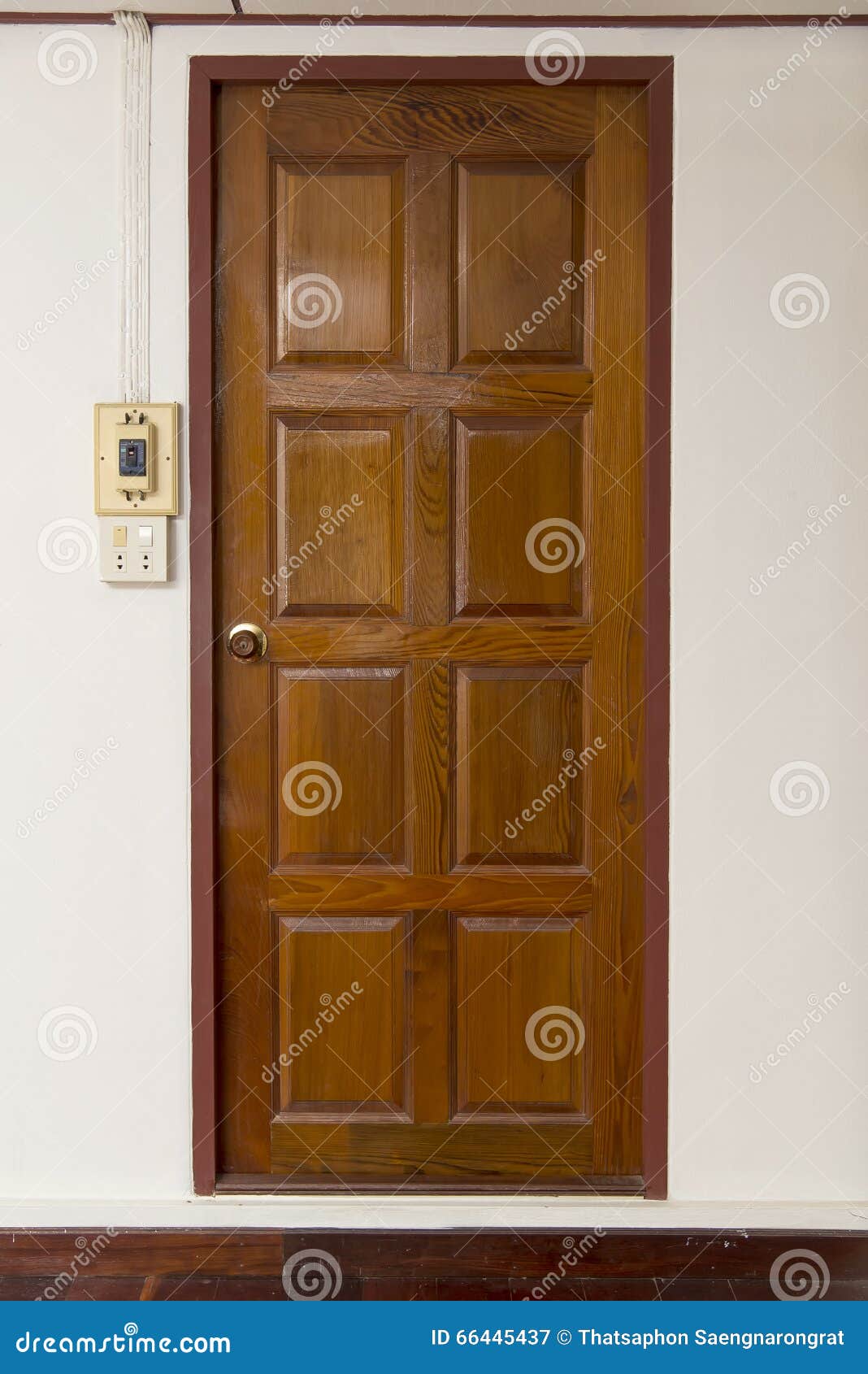 Grunge Brown Wood Door With Wood Frame And Wall Stock Image