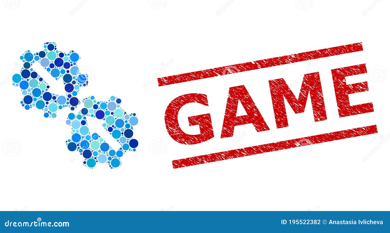 grunge game stamp and gear integration mosaic of round dots