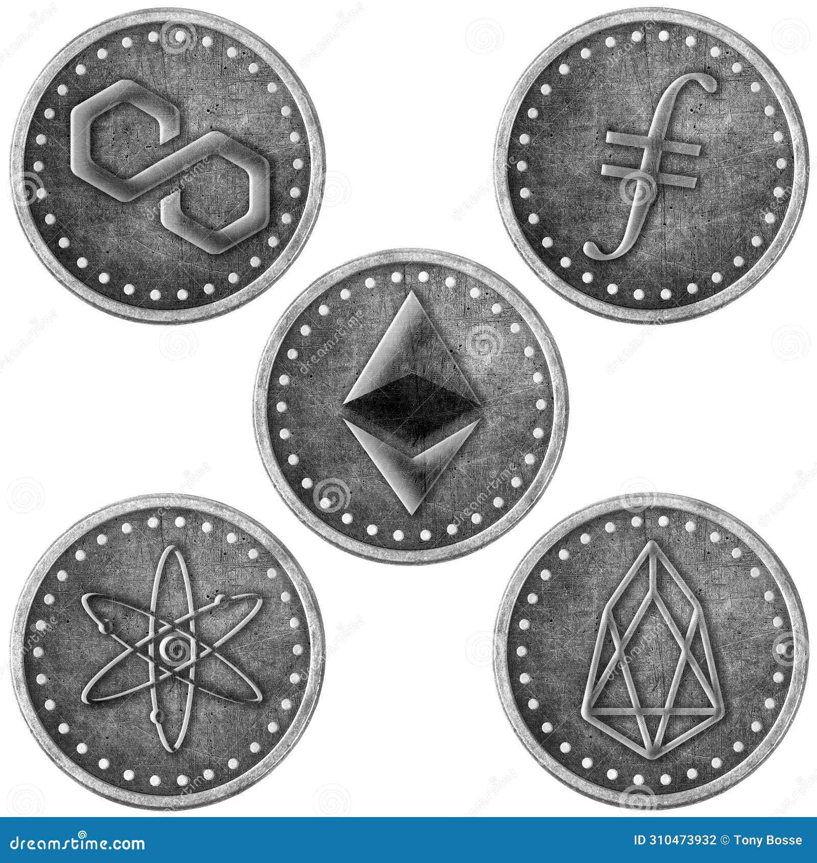 Grunge Silver Crypto Coin, Token Set - ETH, FIL, MATIC, ATOM, EOS Stock  Illustration - Illustration of abstract, digital: 310473932