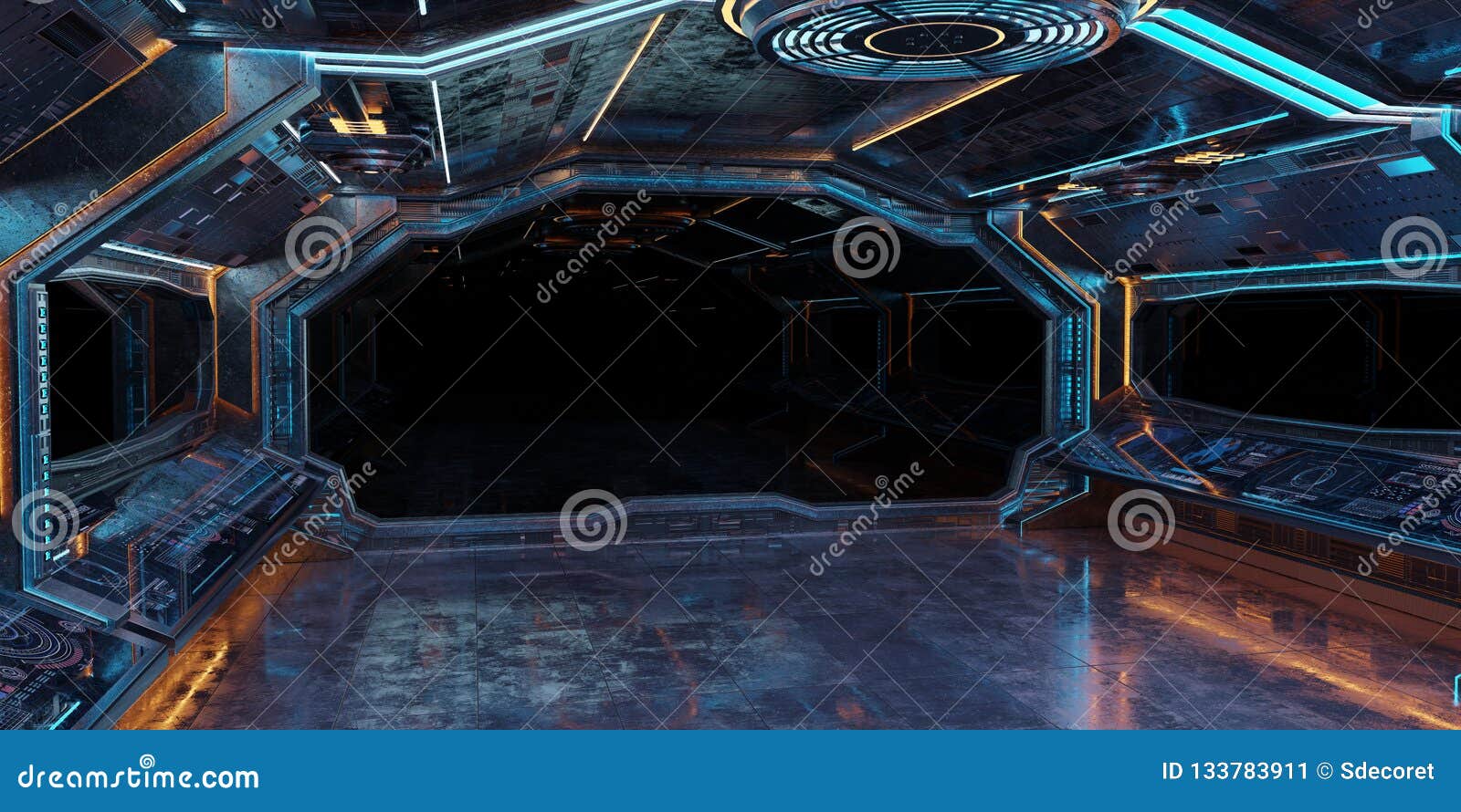 Grunge Spaceship Interior Background 3d Rendering Stock